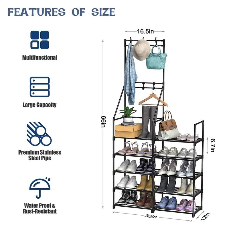 5-Tier Shoe Rack Organizer with Coat Storage, Entryway Closet Shelf