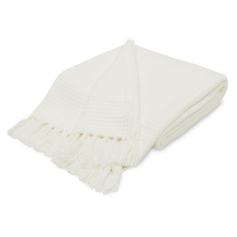 Luxurious Soft Cozy All Season Light Weight Cotton Waffle Weave Throw Blanket with Fringes - 70x50 Inches