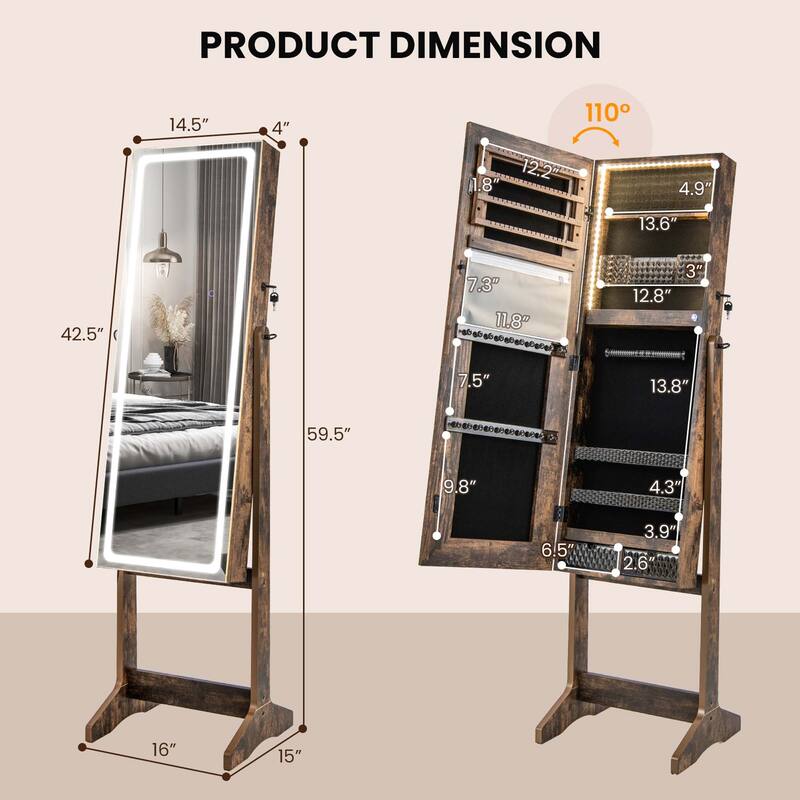 Costway LED Mirror Jewelry Cabinet Organizer Armoire Standing with - See Details