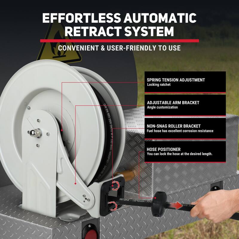 Oil Hose Reel, 1/4 inch x 50 ft Retractable Fuel Hose Reel, Adjustable Support Arm and Pipe Gripper - N/A