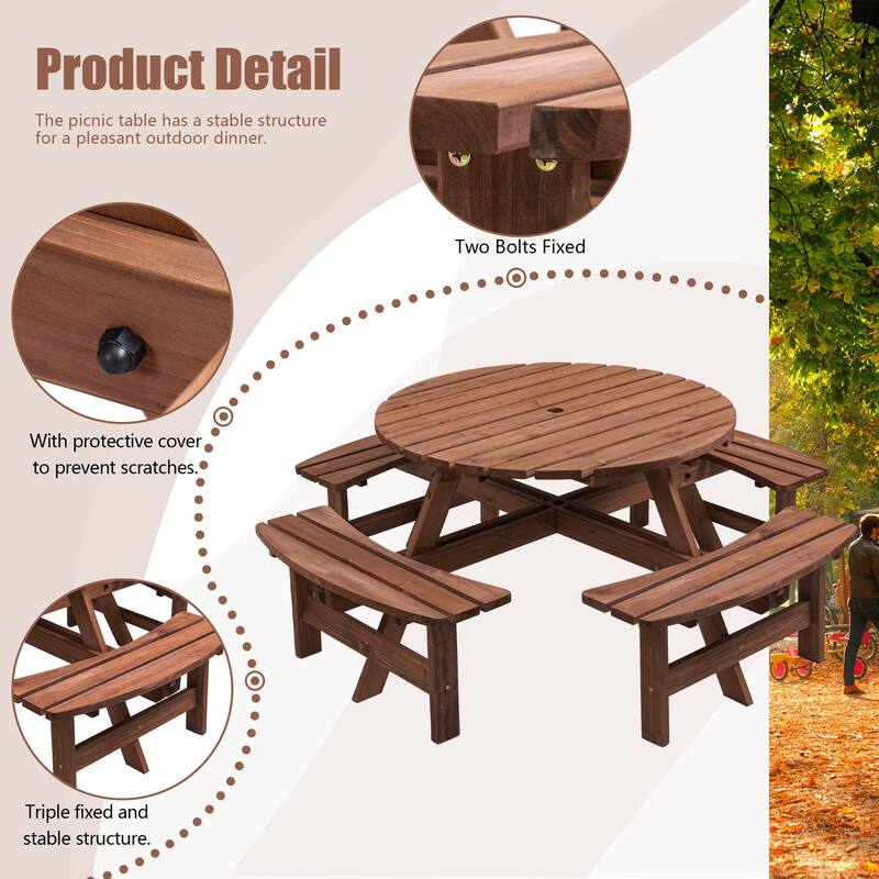 8 Person Wooden Picnic Table - Outdoor Camping Dining Table with Seat, Garden DIY with 4 Built-in Benches, 2220 lb Capacity