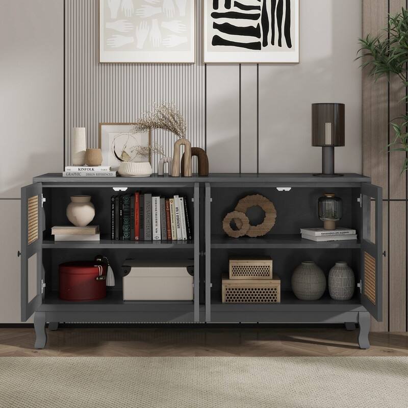 Retro 4-Door Sideboard with Large Storage Space and Rattan Doors for Home Entryway Decor