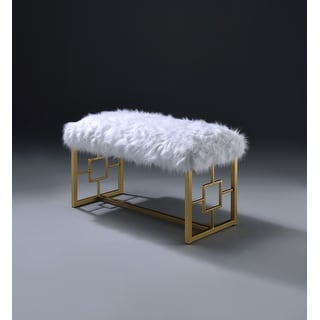 Modern Style Faux Fur Upholstered Bench with Geometrical Side Panels, White and Gold - 21 H x 17.5 W x 37.5 L Inches