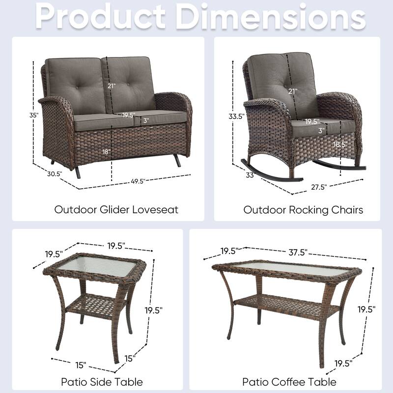 Outdoor Glider Sofa Rocker Chairs Table Brown-Grey - Brown