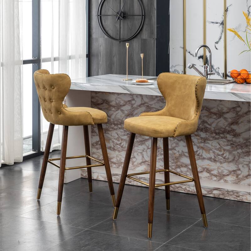 Nailhead Trim High Bar Stool, Faux Leather Bistro Counter Chair with Horn Backrest Kitchen Island Dining Chair, Set of 2