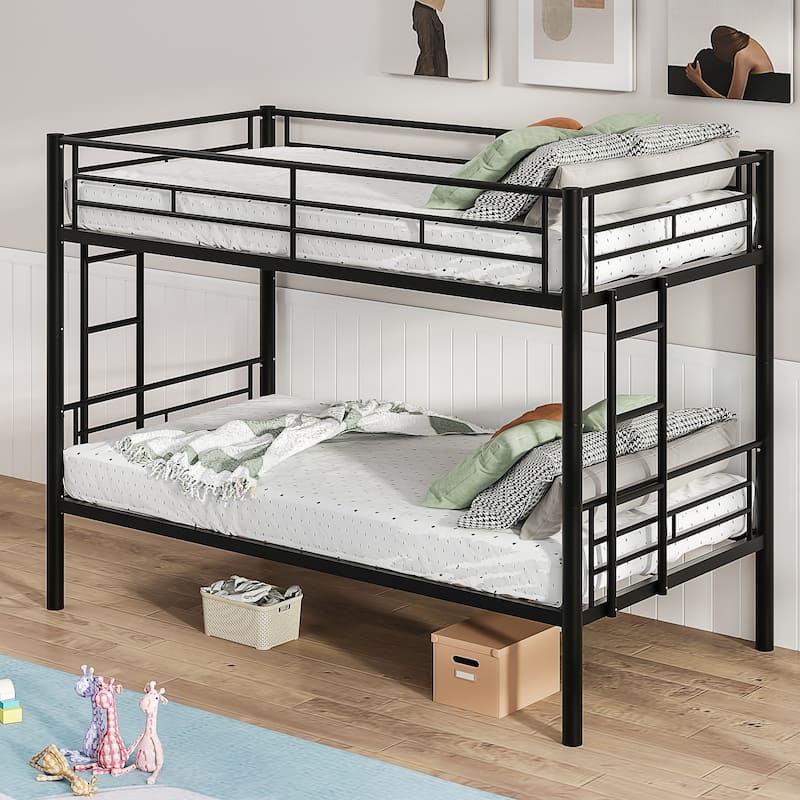 Bunk Bed Metal Twin Size Bunk Beds Frame with Ladder & Full-Length Guardrail Heavy Duty Sturdy 2 in 1 Convertible Bunk Bed