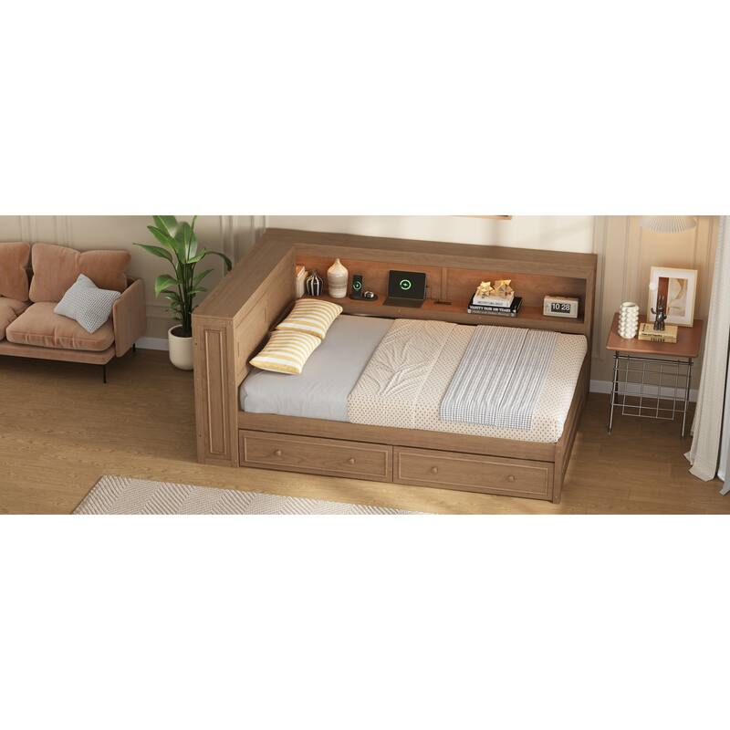 Roomfitters Full Size Wood Daybed with LED Lights, USB Ports and 2 Drawers