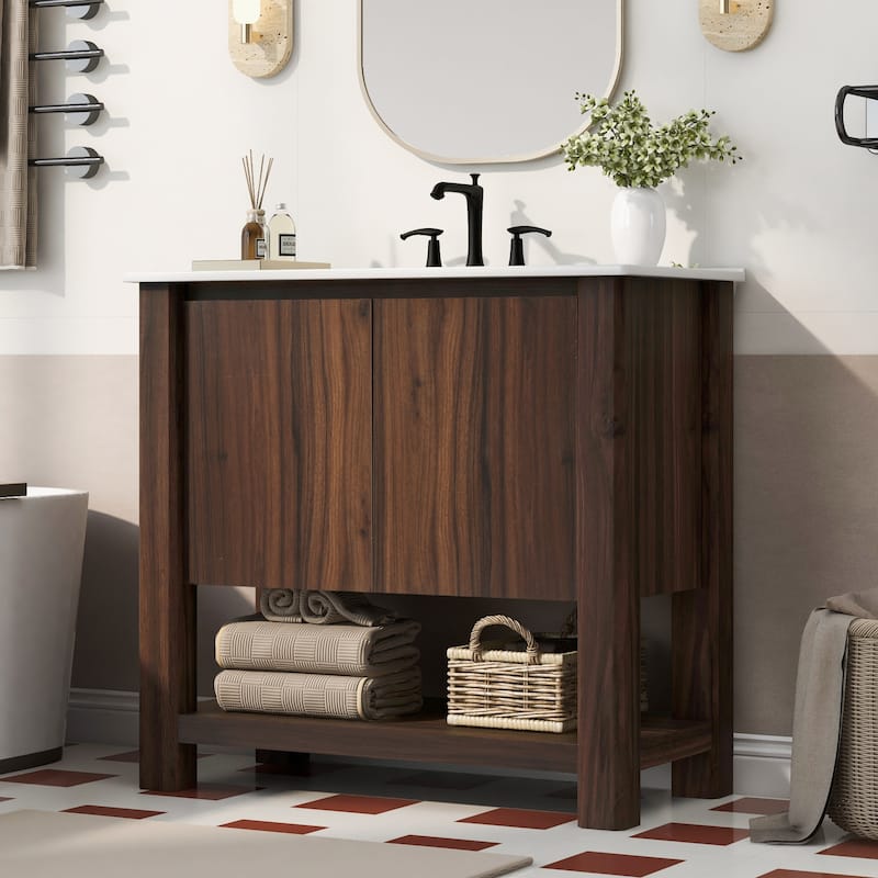 Roomfitters 36" Modern Bathroom Vanity with Rectangle Ceramic Sink, Large Storage Cabinet with Soft-Closing Doors and Open Shelf