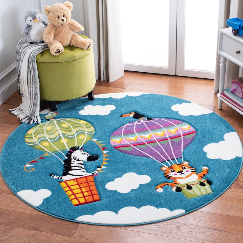 SAFAVIEH Carousel Kids Bengul Hot Air Balloon Rug - 5'3" Round - Blue/Green - Round