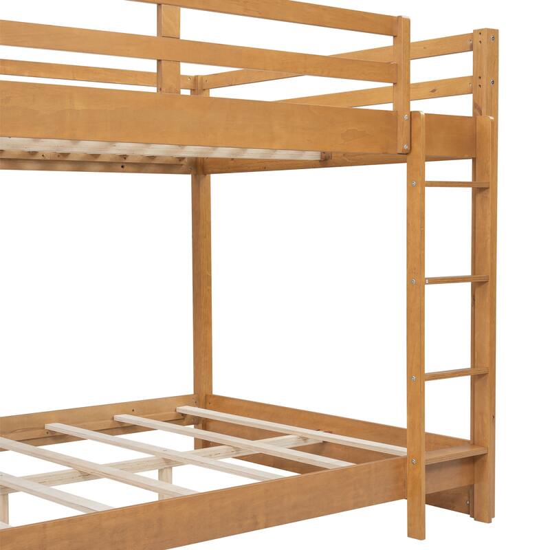 GDFStudio - Solid Wood Queen Bunk Bed with Ladder and Guardrails