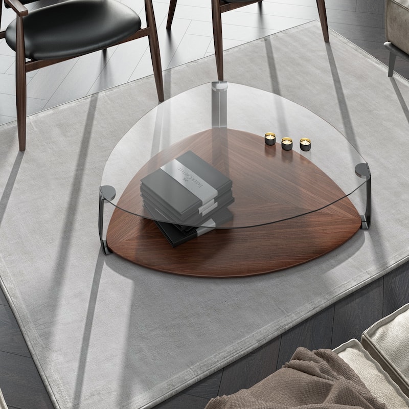 Modrest Viviana Modern Clear Tempered Glass And Walnut Coffee Table