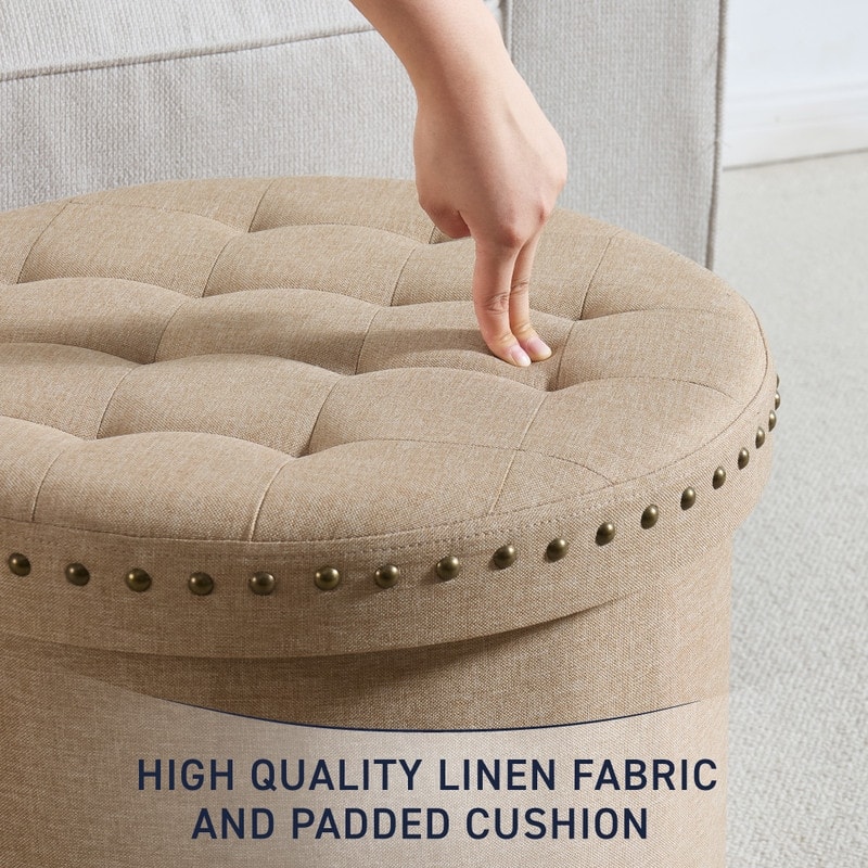 Ornavo Home Decor Large 20" Round Collapsible Storage Ottoman with Nailhead Trim for Living Room and Bedroom