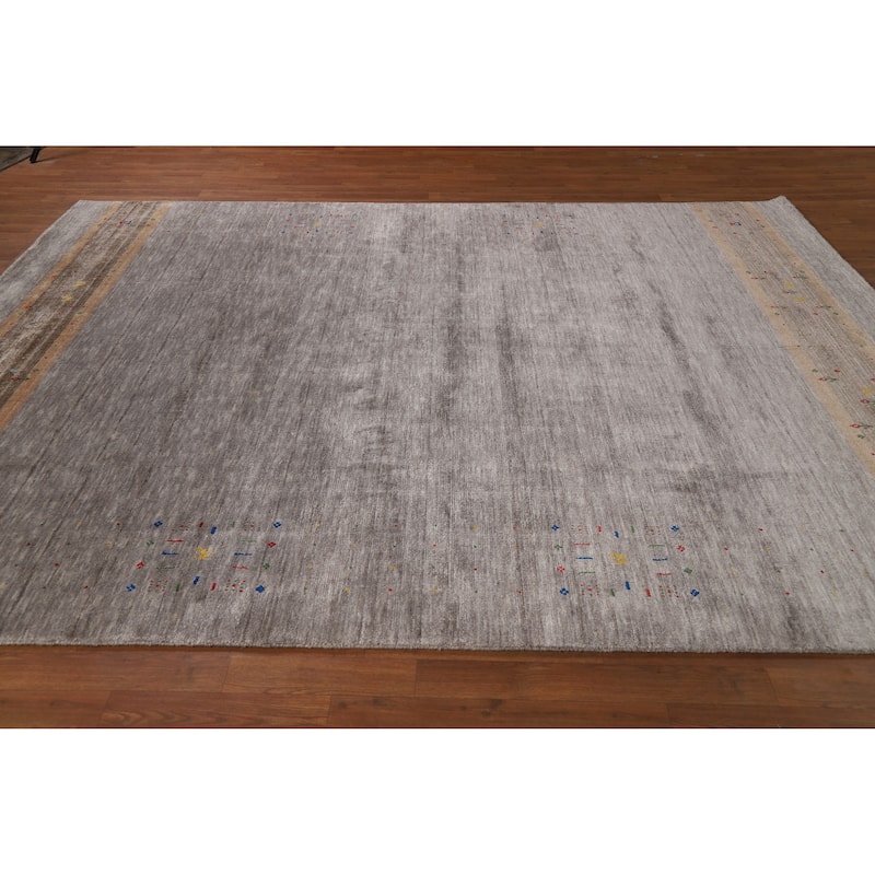 Gabbeh Oriental Area Rug Handmade Grey Silk Carpet - 7'8" x 9'9"