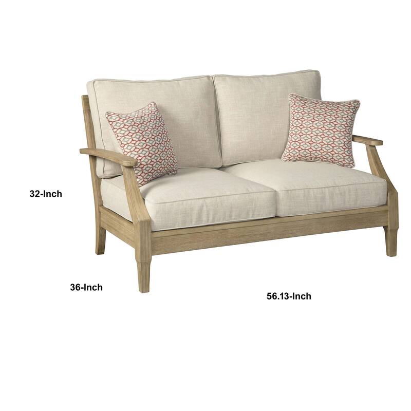 Traditional Wooden Loveseat with Fabric Cushioned Seating, Beige and Brown