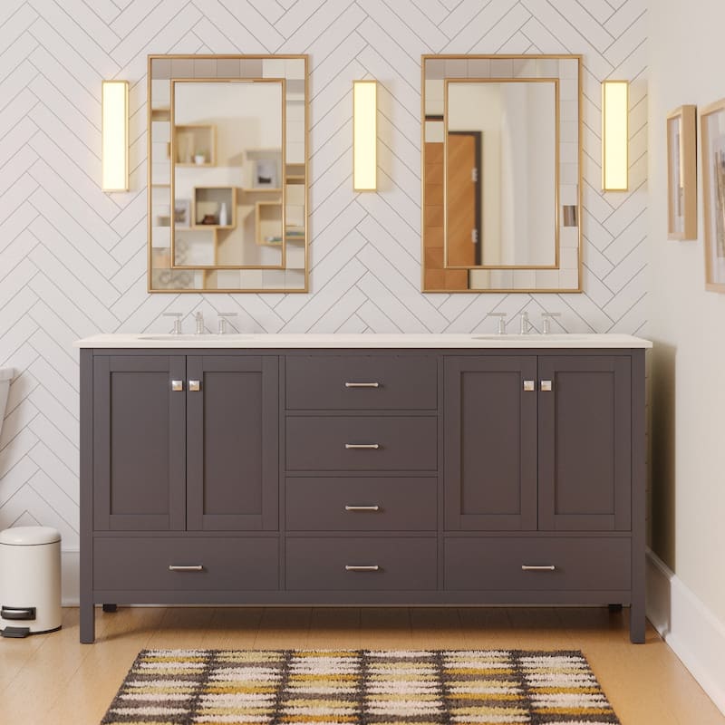 KitchenBathCollection Horizon 72" Double Bathroom Vanity with Engineered White Top - Chocolate
