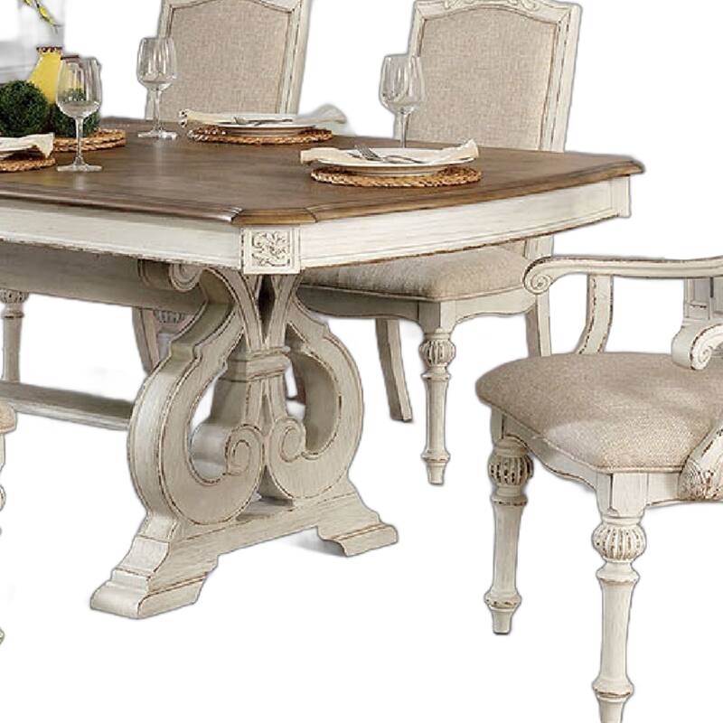 Arca 7pc Dining Table Set with Fabric Chairs, Antique White Solid Wood