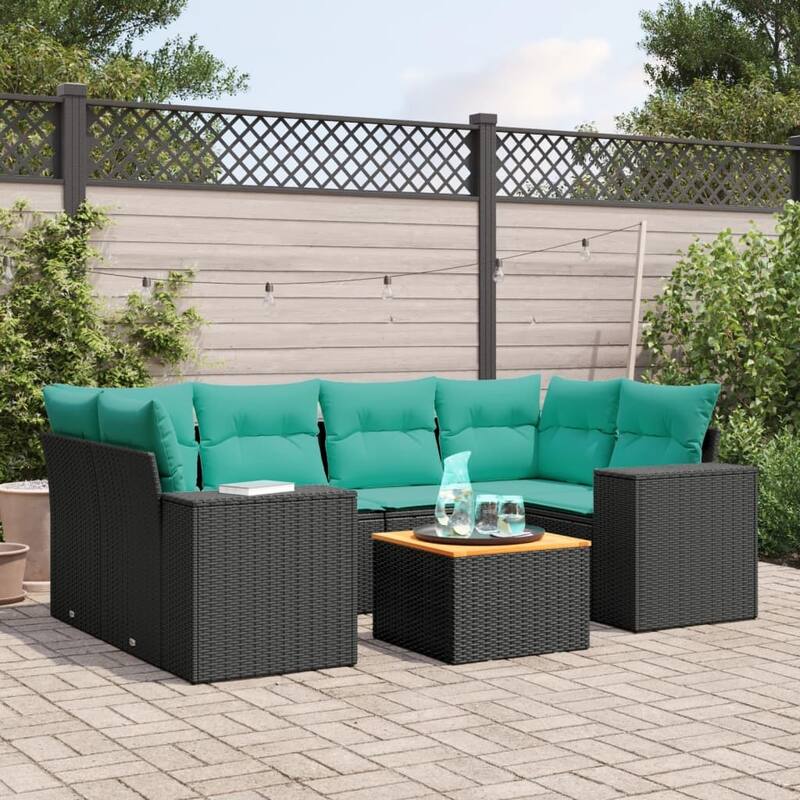 vidaXL Patio Sofa Set with Cushions Outdoor Furniture 7 Piece Poly Rattan - 24.4x 24.4x 27.2 - Black and Blue