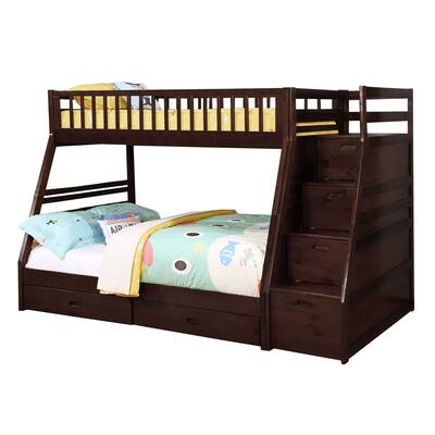 2 Drawer Wooden Twin Over Full Bunk Bed with Storage Staircase, Brown