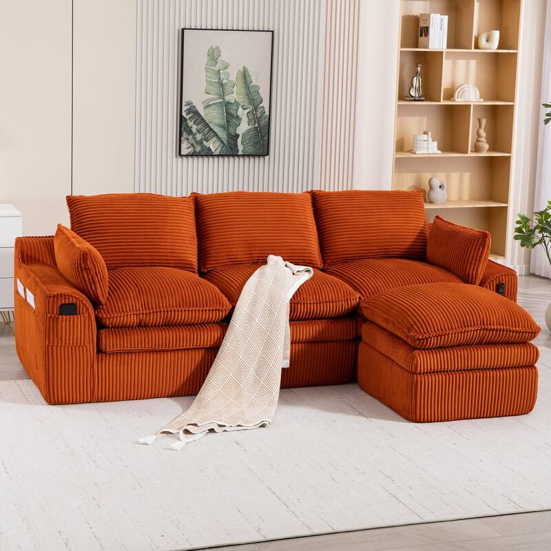 103" L-Shaped Corduroy Boneless Sectional Sofa with Movable Ottoman - Orange