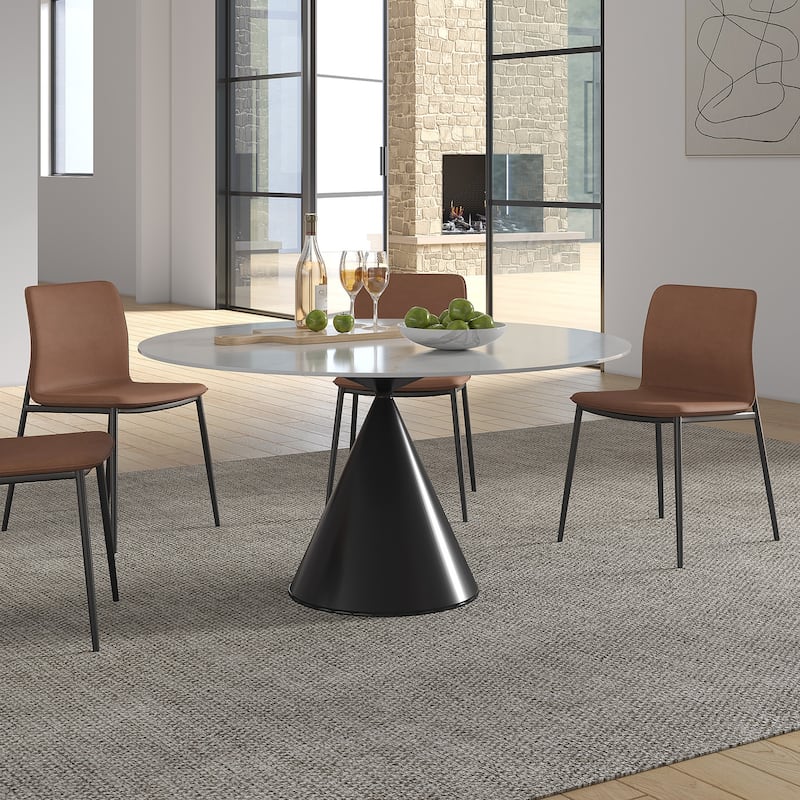 Modern Round Stone Top Black Titanium Stainless Steel Pedestal Dining Table