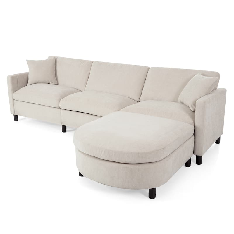 Beige Sectional Sofa, 107.87" with Ottoman, Removable Cushions, and Armrest Pockets