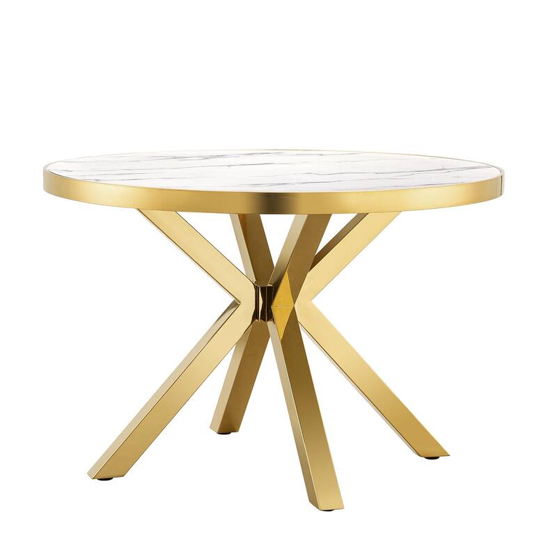 Round Dining Room Table with Silver Stainless Steel Metal Cross Base - White/Gold