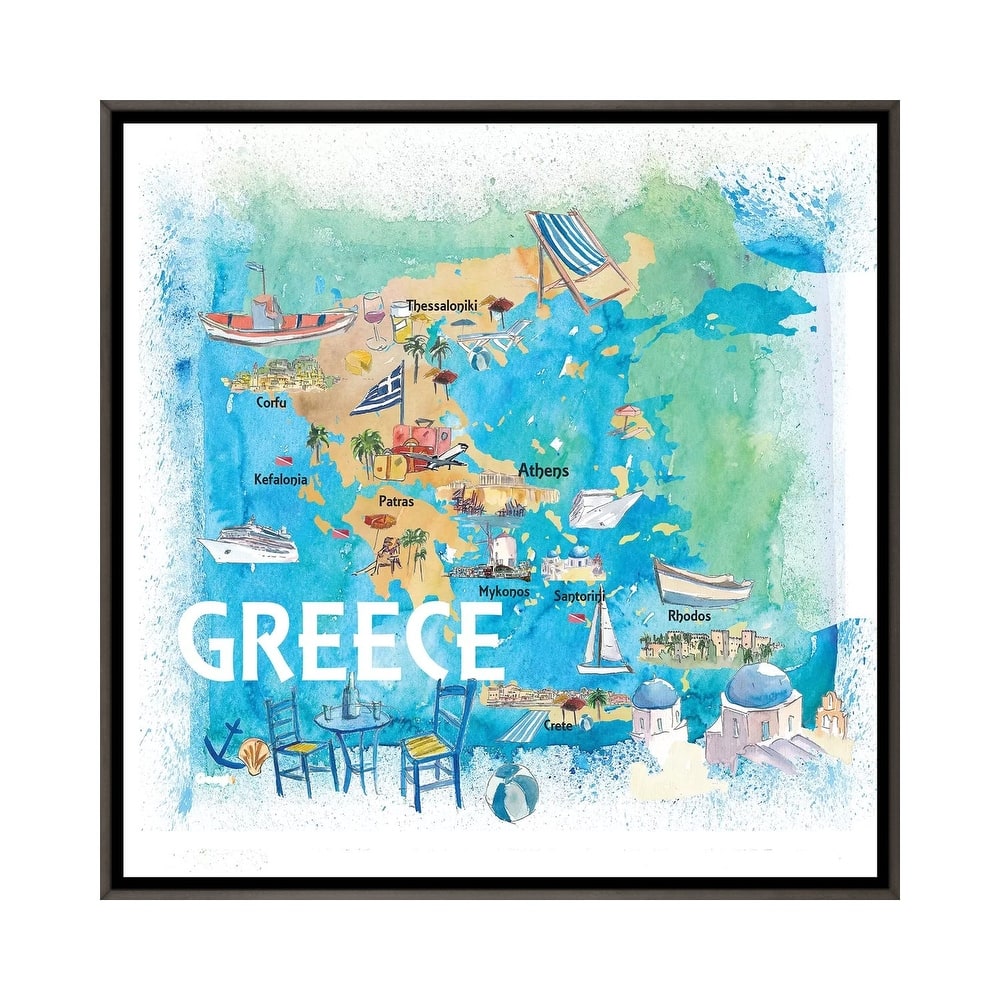 iCanvas "Greece Illustrated Travel Map With Landmarks And Highlights" by Markus & Martina Bleichner Framed