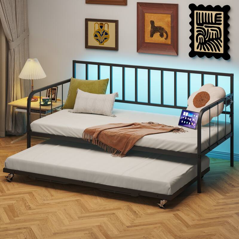 Twin Size Daybed Sofa Bed Frame with Trundle and Heavy Duty Metal Slats Sppports for Living Room, Bedroom and Guest Room