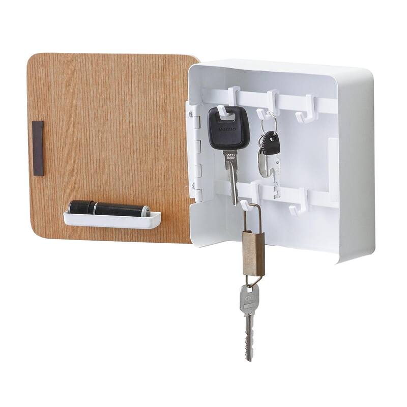 Yamazaki Home Magnetic Key Cabinet, Steel and Wood, Holds 2.2 lbs - L 2.24 x W 6.22 x H 6.22 inches - Ash