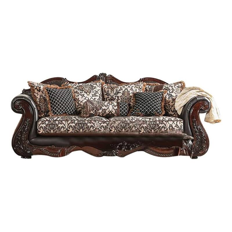 Ammy 2pc Sofa Loveseat Set, Dark Brown Faux Leather, 5 Accent Pillows