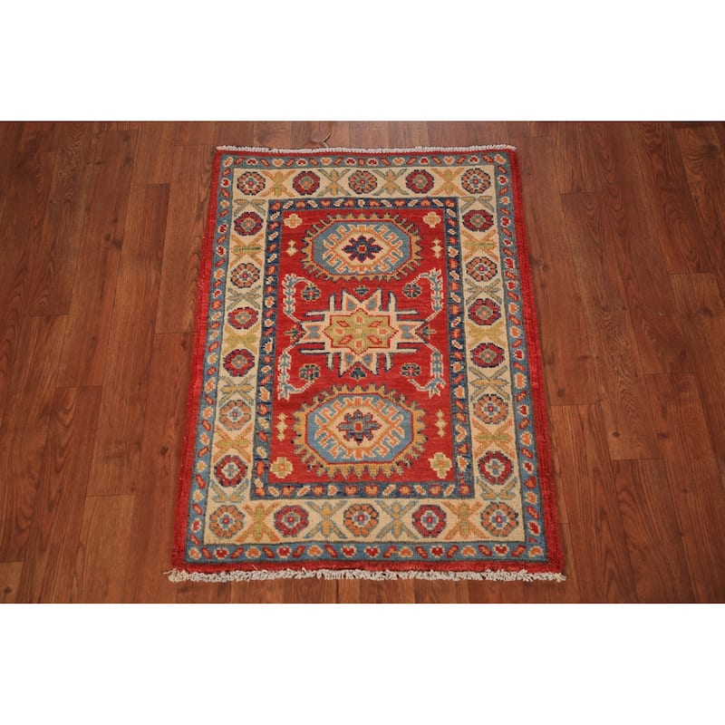Geometric Red Kazak Oriental Foyer Rug Handmade Wool Carpet - 2'0" x 3'0"