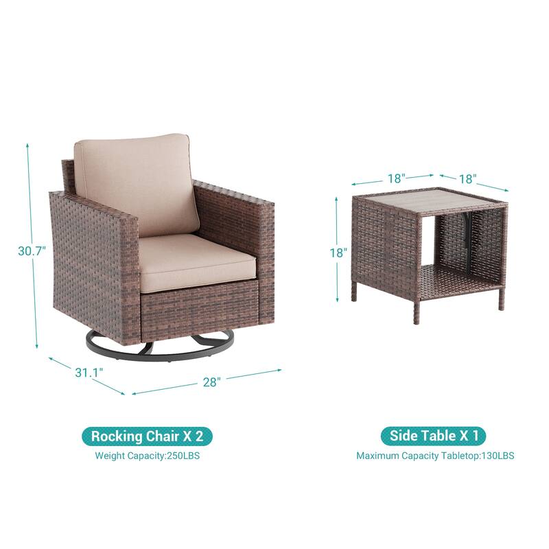 BONOSUKI 3Pcs Patio Swivel Rocking Sofa Set Brown Rattan w/Side Table