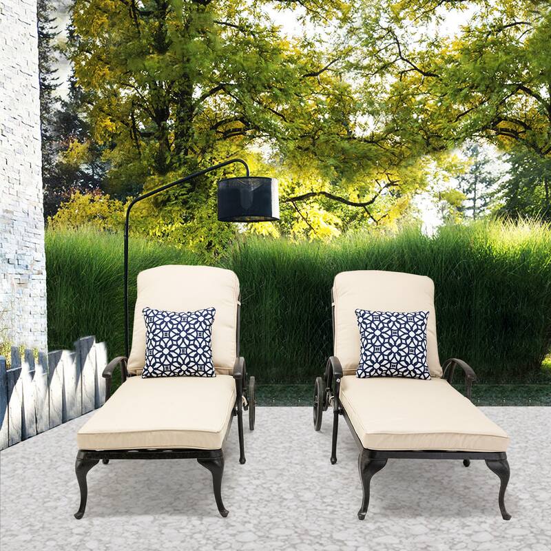 Aluminum Reclining Outdoor Chaise Lounge with Wheels and Cushions (Set Of 2)