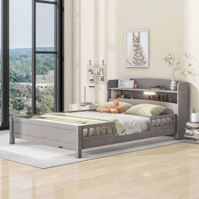 Wooden Platform Bedframe with Built-in LED Light & Storage Headboard - Antique Gray - Full