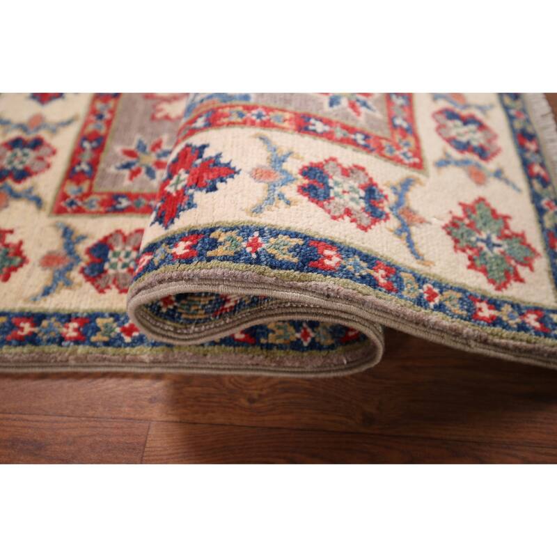 Hand Knotted Oriental 100% Wool Carpet Traditional Geometric Greys & Charcoal Kazak Area Rug - 3' 0'' X 2' 0''