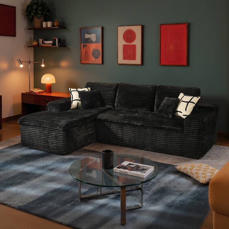 HOOOWOOO Modern Upholstered Fabric Sectional Sofa with Chaise - Plush-Black