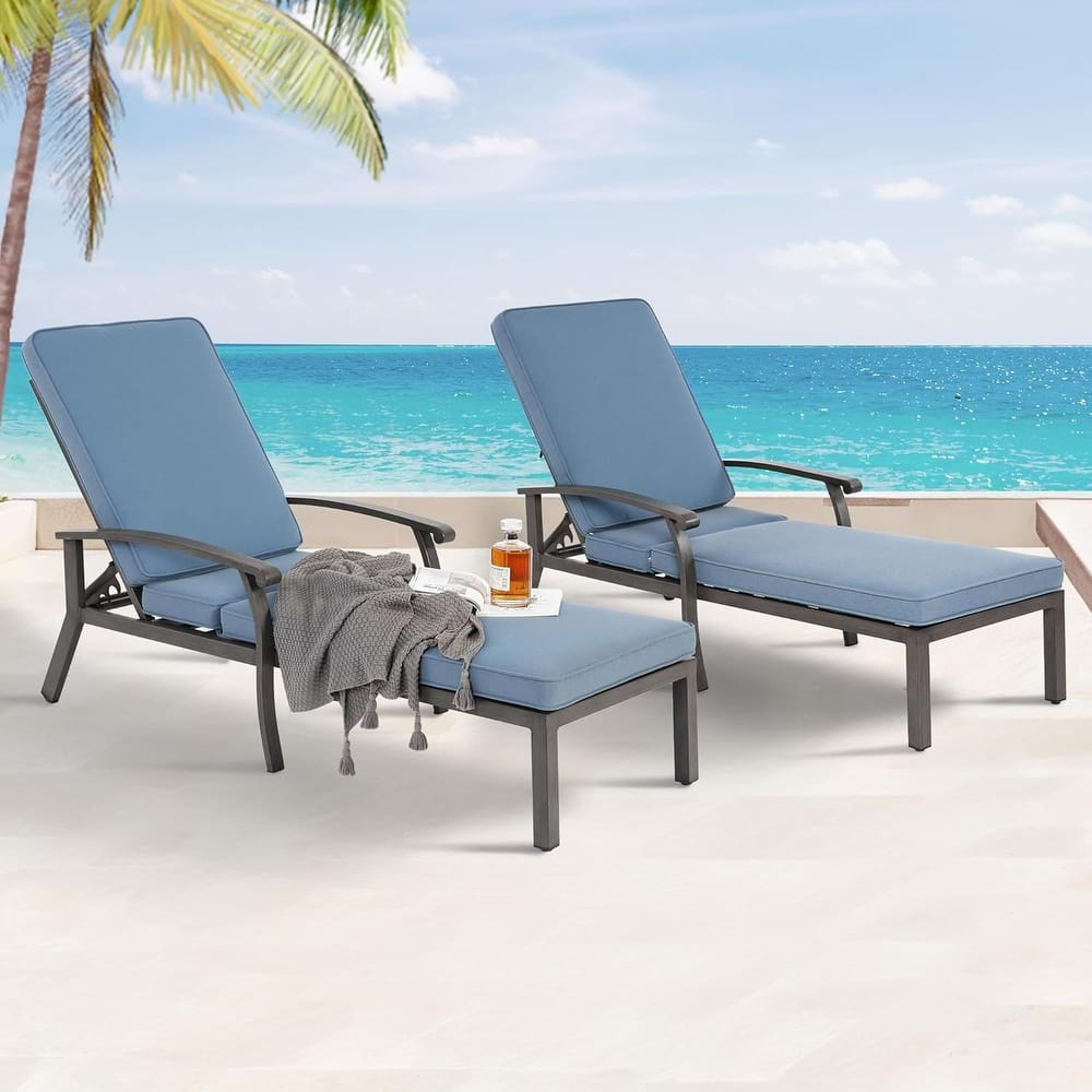 HOMEFUN Outdoor Aluminum Reclining 5-Position Adjustable Backrest Chaise Lounge(set of 2) with Cushion