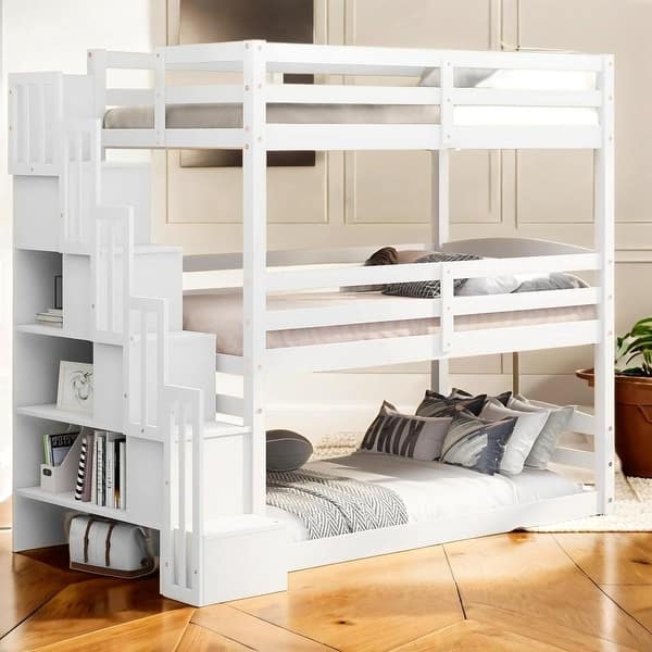 slide 2 of 15, Separate Design Twin Size Triple Bunk Bed with Storage Staircase White