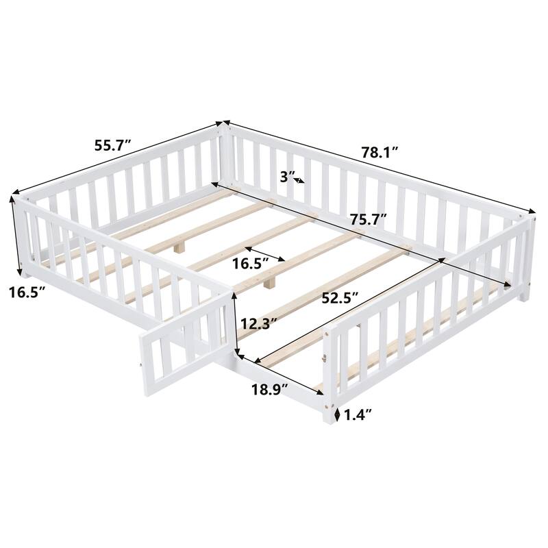 Floor Platform Bed with Fence and Door for kids Toddlers, Full Size