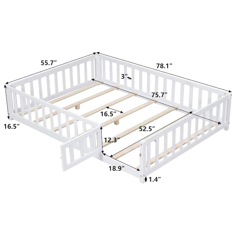 Full Size Floor Platform Bed with Fence and Door for Kids