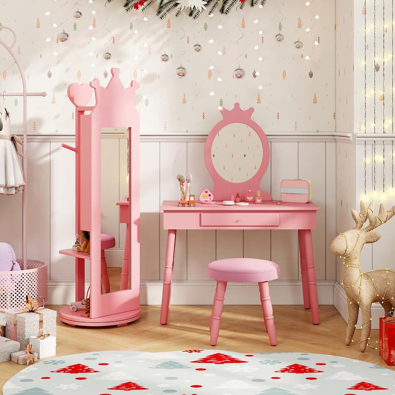 Gymax Kids Vanity Set Princess Makeup Dressing Table &Chair Set w/
