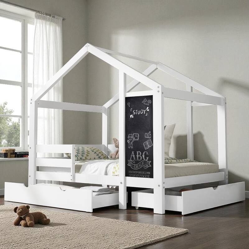 Twin/Full House Bed with Blackboard and Storage Drawers, Kids Wood Bed with Two Assembly Options and Safety Rails - White - Twin