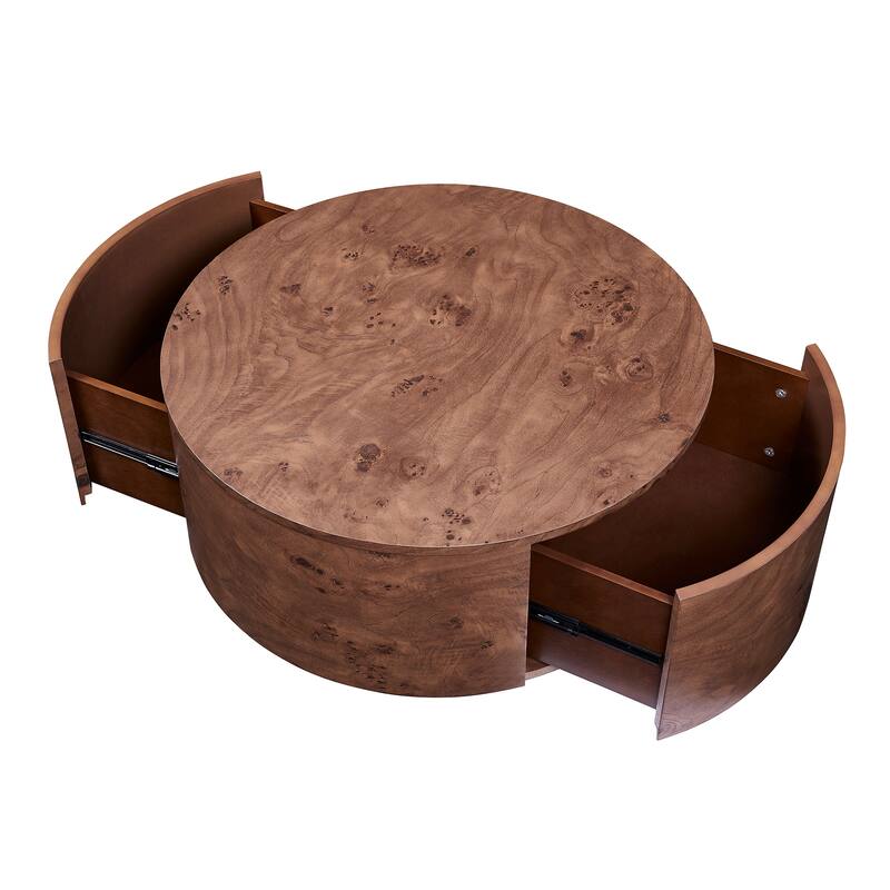 28.4" Burl Wood Rotating Coffee Table with 2 Drawers - 360° Swivel Top in Walnut Finish