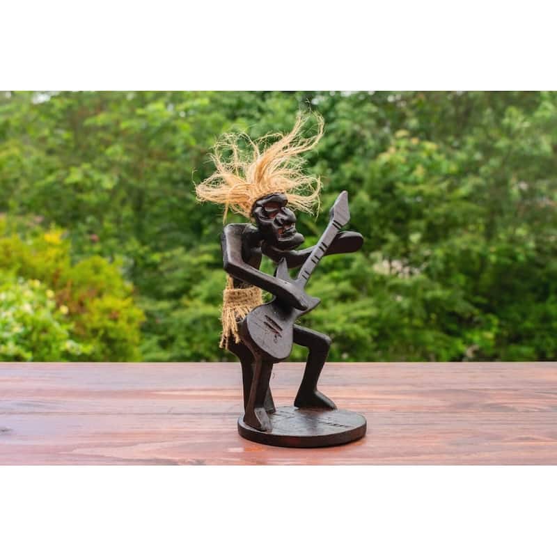 Handmade Wooden Primitive Guitarist Tribal Funny Statue Sculpture Tiki Bar Handcrafted Gift Decor Figurine Hand Carved