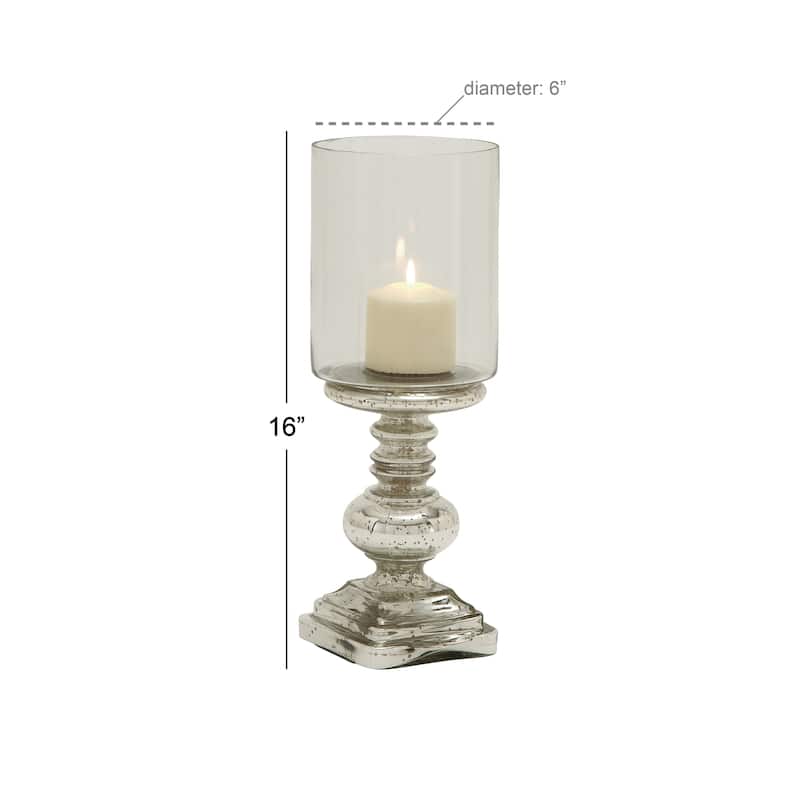 Glass Handmade Turned Style Pillar Hurricane Lamp with Faux Mercury Glass Finish - Silver - Roche River Decor - 6"W x 6"L x 16"H