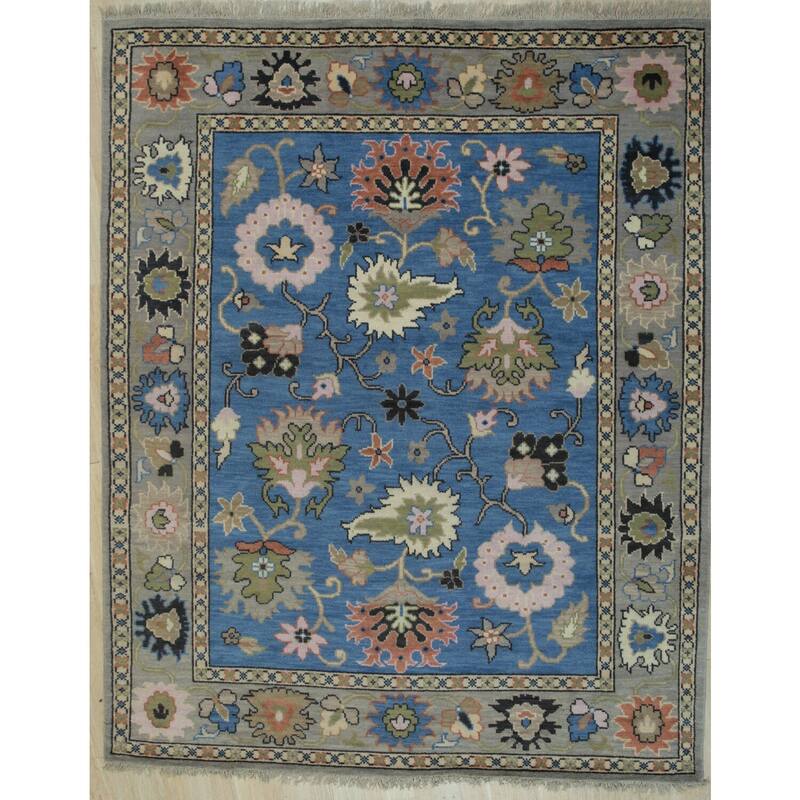 Blue Hand Knotted Wool Rug, 8' x 10, Soft Elegant Statement Rug - L