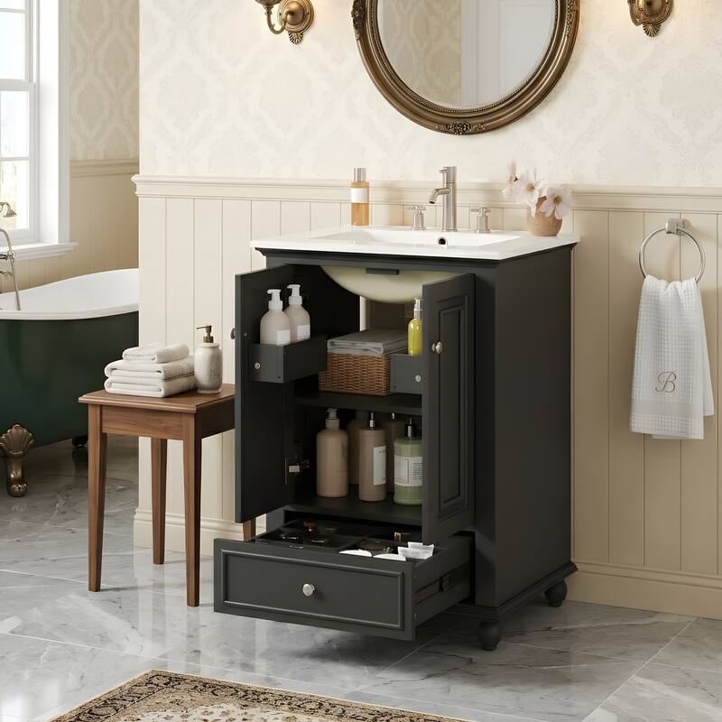 Bathroom Vanity with Ceramic Sink, Bathroom Storage Cabinet with Soft Closing Doors