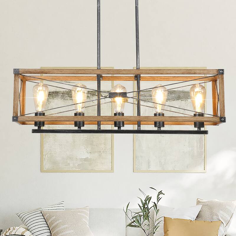 Farmhouse Black Rectangular Chandelier Island Lights for Kitchen Island Lighting - 5-Light