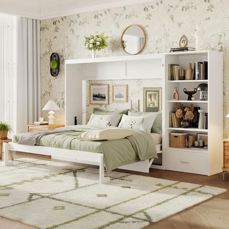 Queen Wall Murphy Bed with Adjustable Shelving Unit, Drawer Storage & Fold-Down Table by Harper&Bright Designs - White