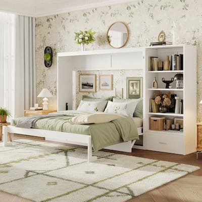 Queen Wall Murphy Bed with Adjustable Shelving Unit, Drawer Storage & Fold-Down Table by Harper&Bright Designs
